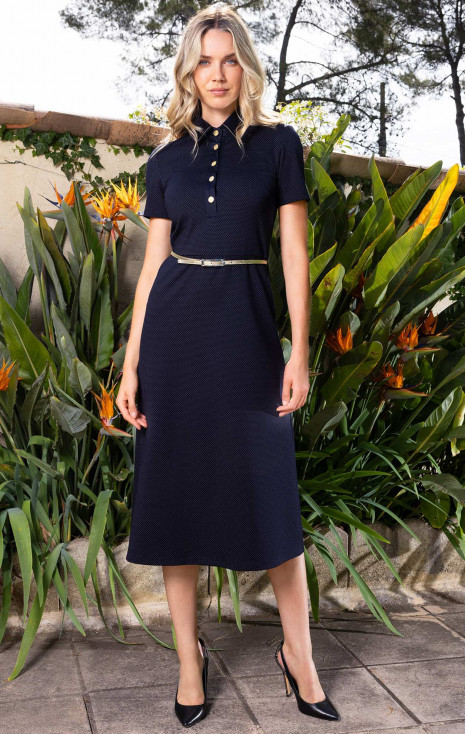 Rochie midi stilată din tricot de lux, de culoare Blue Graphite cu buline albe delicate