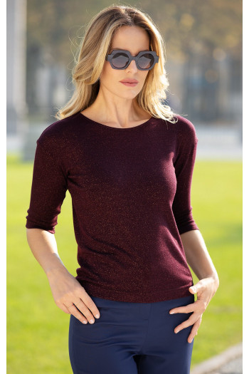 Bluză într-o siluetă lejeră de culoare Red Mahogany cu luciu auriu