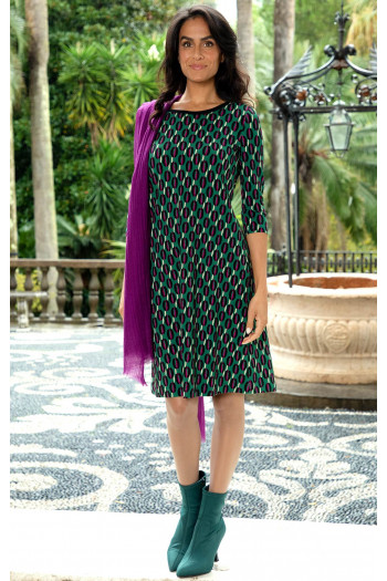 Rochie cu siluetă A, din tricot elastic, cu imprimeu grafic în verde închis