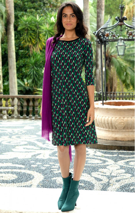 Rochie cu siluetă A, din tricot elastic, cu imprimeu grafic în verde închis