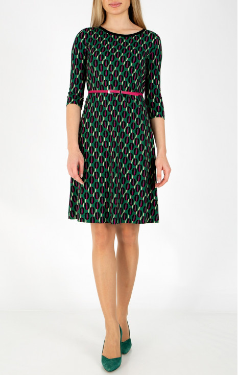 Rochie cu siluetă A, din tricot elastic, cu imprimeu grafic în verde închis