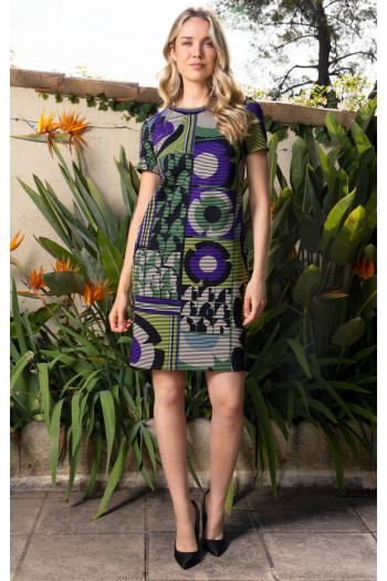 Rochie scurtă cu siluetă lejeră cu desen geometric-floral