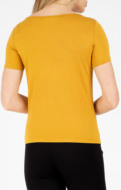 Bluză din jerseu elastic cu pliuri și decupare pe decolteu de culoare Honey Gold