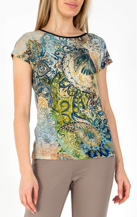 Bluză cu siluetă lejeră cu imprimeu grafic și motive paisley în albastru, verde și portocaliu