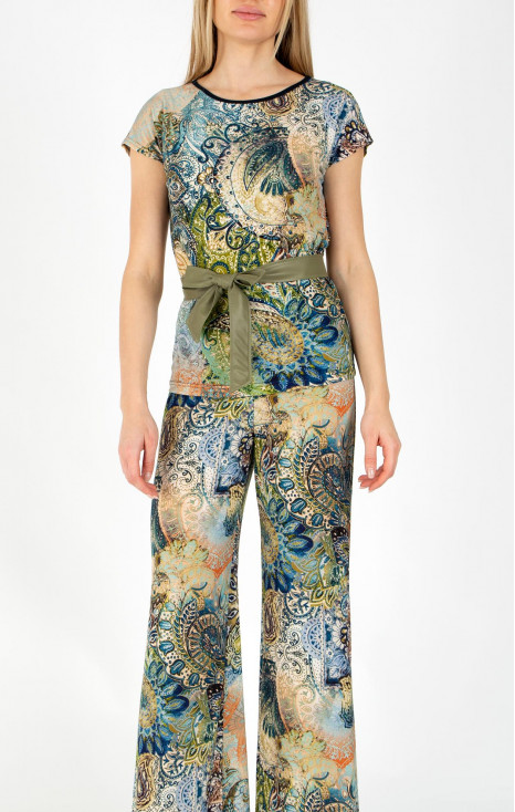 Pantaloni din jerseu ușor cu siluetă lejeră și cu motive paisley în albastru, verde și portocaliu
