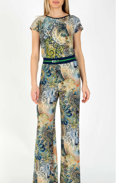 Pantaloni din jerseu ușor cu siluetă lejeră și cu motive paisley în albastru, verde și portocaliu