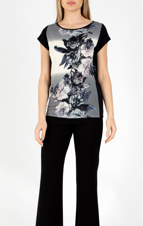 Bluză din tricot ușor tip jerseu cu imprimeu floral alb-negru