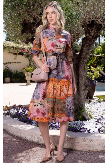 Rochie midi din bumbac elastic cu desen floral frumos în culori pastelate calde