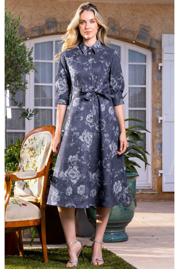 Rochie midi modernă cu efect denim și imprimeu floral