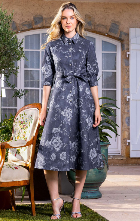 Rochie midi modernă cu efect denim și imprimeu floral