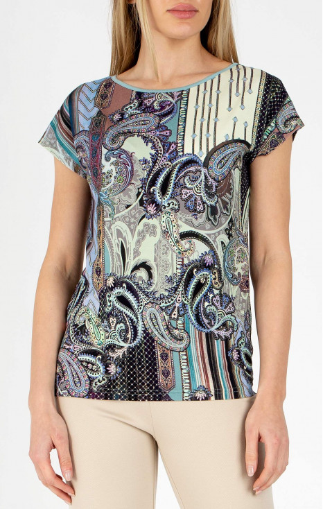 Bluză din jerseu ușor cu motive paisley în gama de albastru și verde
