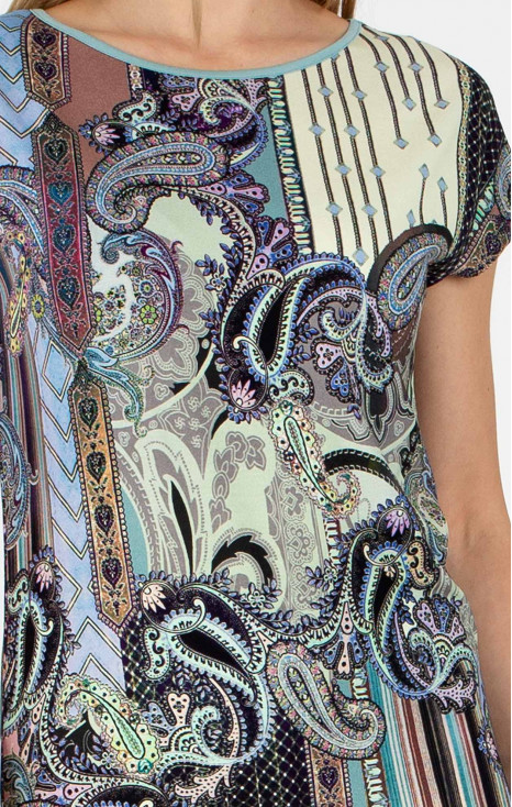 Bluză din jerseu ușor cu motive paisley în gama de albastru și verde