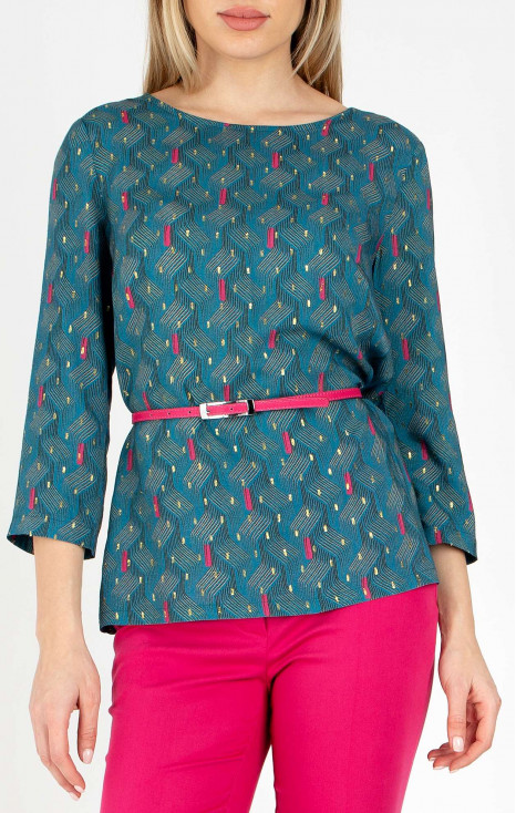 Bluză elegantă din viscoză de culoare Storm Blue și Fuchsia cu fire aurii