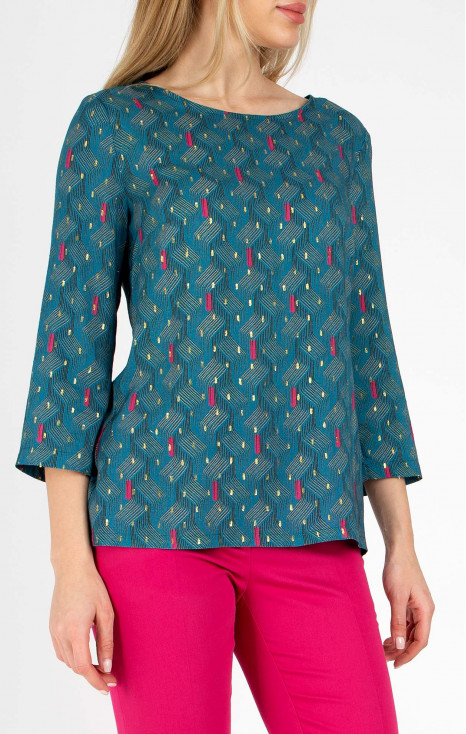 Bluză elegantă din viscoză de culoare Storm Blue și Fuchsia cu fire aurii