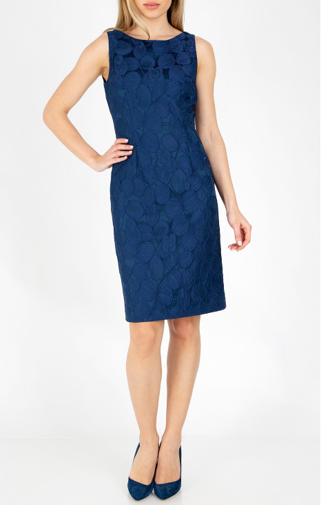 Rochie dreaptă din jacquard în relief cu reflecții satinate și motive florale de culoare Cobalt