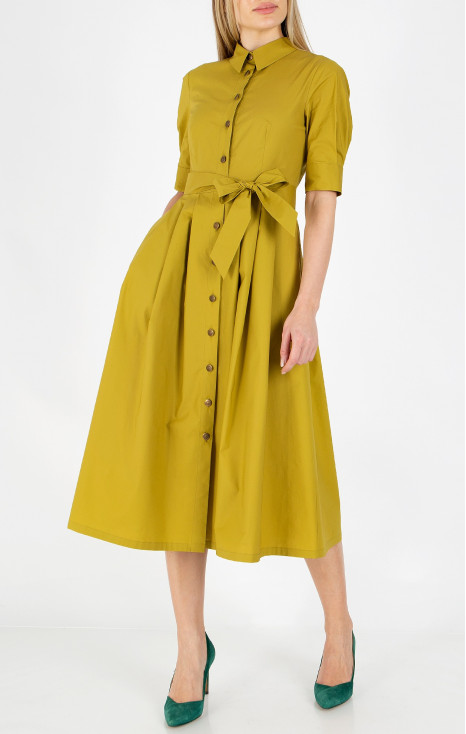 Rochie stilată midi din bumbac elastic de culoare Golden Green