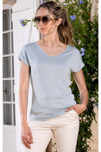 Bluză cu decolteu în formă de V cu reflecții de culoare Celestial Blue