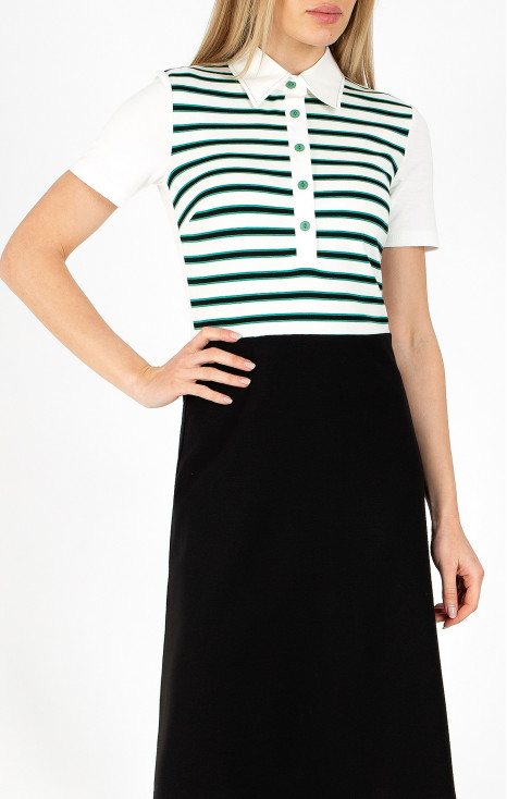 Rochie midi din jerseu ajustat în ecru și negru cu dungi verzi