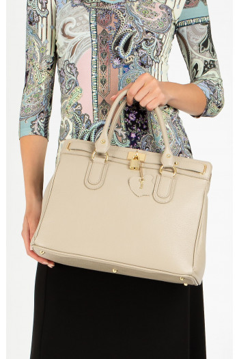 Geantă mare de damă, cu design rafinat, din piele natural, de culoare Sesame