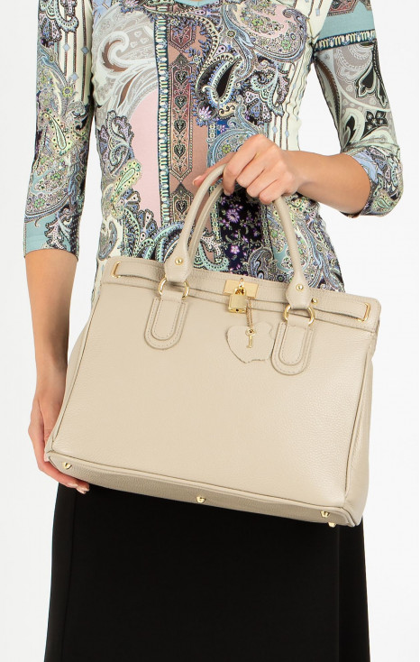 Geantă mare de damă, cu design rafinat, din piele natural, de culoare Sesame