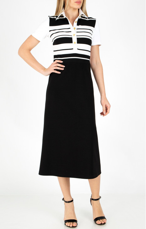 Rochie midi stilată din jerseu de lux cu dungi albe și negre