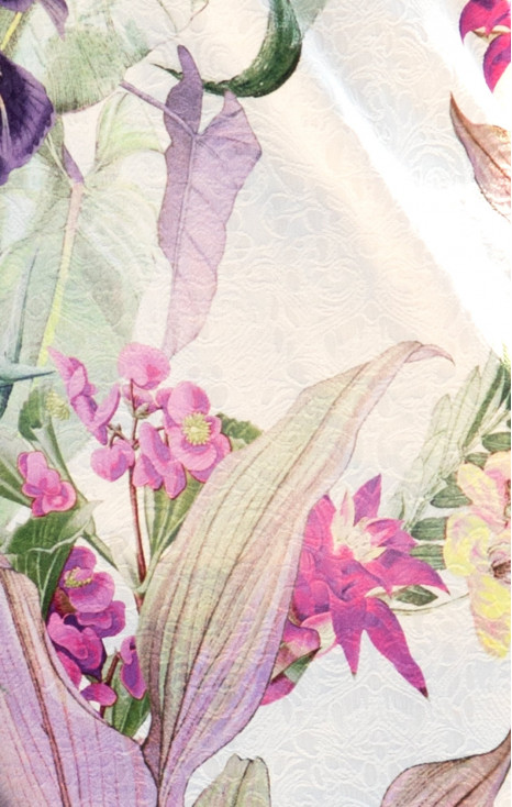 Rochie elegantă dreaptă din jacquard de bumbac alb cu motive florale mov