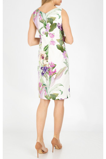 Rochie elegantă dreaptă din jacquard de bumbac alb cu motive florale mov [1]