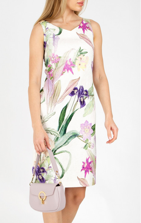 Rochie elegantă dreaptă din jacquard de bumbac alb cu motive florale mov