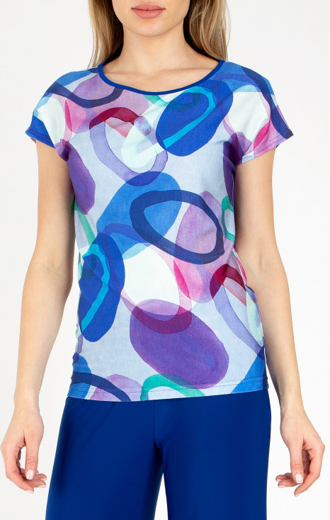 Bluză cu siluetă lejeră și imprimeu grafic în nuanțe de albastru și mov