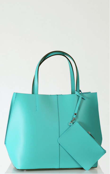 Geantă din piele naturală fără fermoar cu un neseser mic de Aquamarine