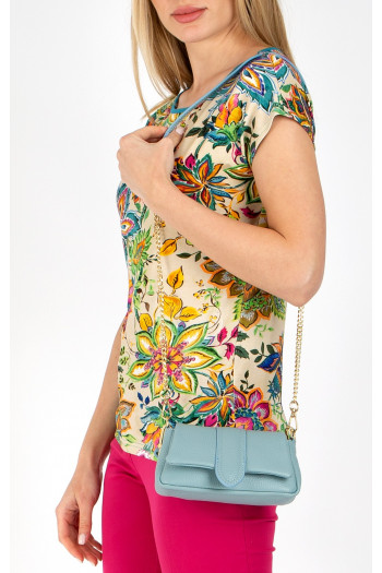 Geantă mini pentru damă, de culoare Blue Fog, cu bretea lungă tip lănțișor auriu