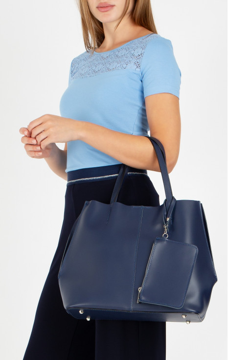 Geantă mare, elegantă, din piele naturală de culoare Indigo