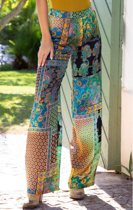 Satin Viscose Trousers &ndash; Teal Paisley Mosaic
