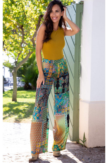 Satin Viscose Trousers – Teal Paisley Mosaic [1]