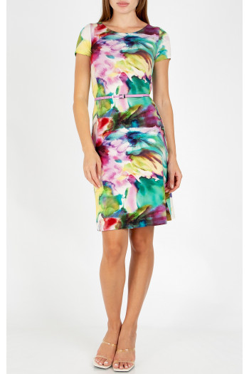 Rochie scurtă de vară cu imprimeu floral acuarelă în culori armonios degrade