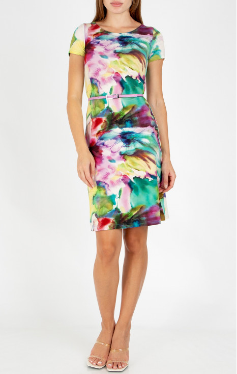 Rochie scurtă de vară cu imprimeu floral acuarelă &icirc;n culori armonios degrade