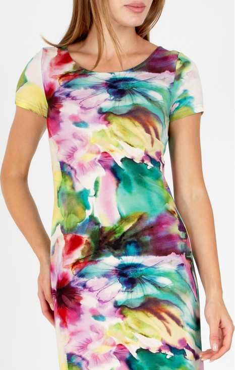 Rochie scurtă de vară cu imprimeu floral acuarelă &icirc;n culori armonios degrade