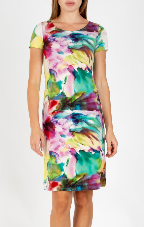 Rochie scurtă de vară cu imprimeu floral acuarelă &icirc;n culori armonios degrade