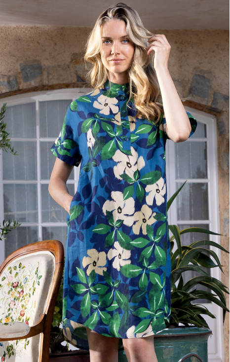 Rochie din in, tip cămașă, de culoare Blue Sapphire