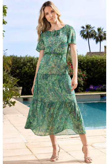 Rochie vaporoasă lungă cu volane, în nuanțe de verde cu motive paisley