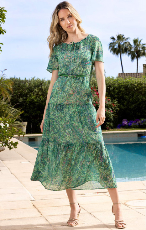 Rochie vaporoasă lungă cu volane, &icirc;n nuanțe de verde cu motive paisley