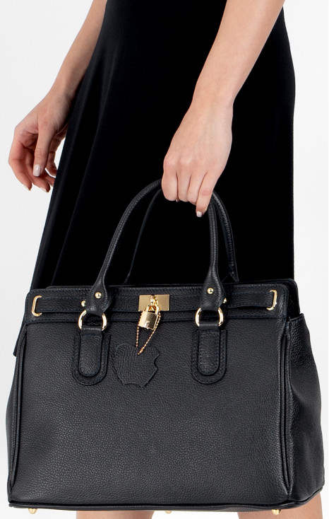 Geantă mare pentru damă, cu un design elegant din piele naturală de culoare neagră