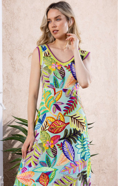 Rochie casual de vară de culoare Turquoise cu motive florale aprinse