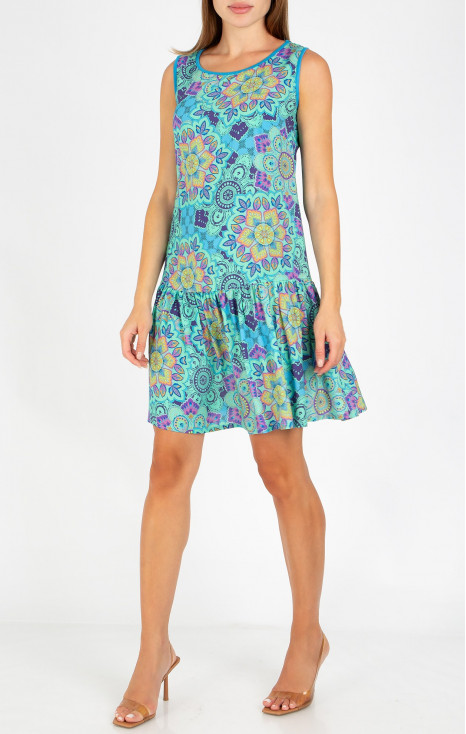 Rochie de vară din vâscoză, cu imprimeu grafic multicolor, în culoarea Aqua Green