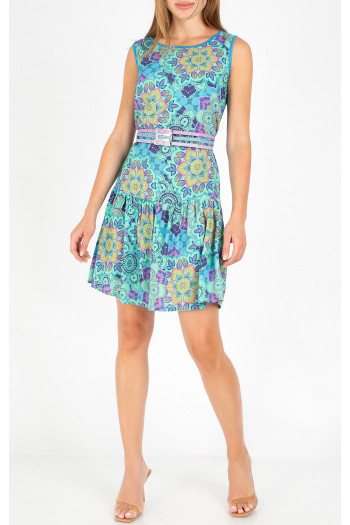 Rochie de vară din vâscoză, cu imprimeu grafic multicolor, în culoarea Aqua Green
