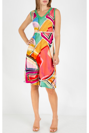 Rochie casual de vară cu imprimeu geometric în culorile Fuchsia Red, Opal și Warm Apricot