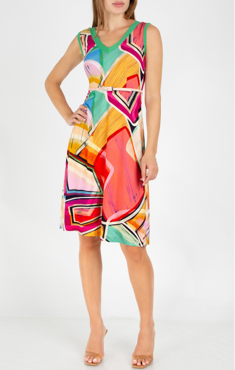 Rochie casual de vară cu imprimeu geometric &icirc;n culorile Fuchsia Red, Opal și Warm Apricot