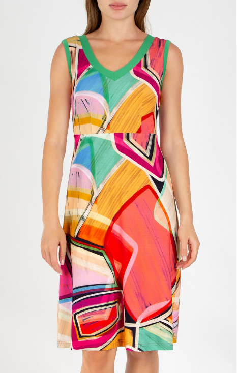 Rochie casual de vară cu imprimeu geometric în culorile Fuchsia Red, Opal și Warm Apricot