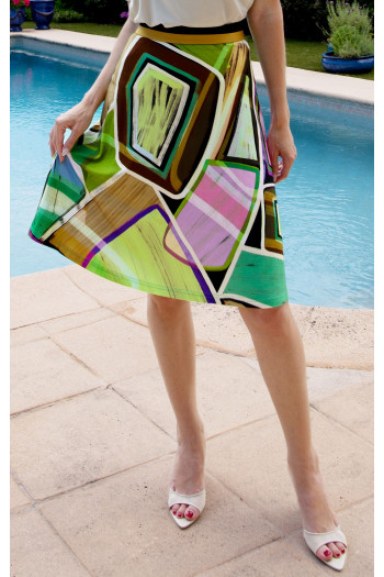 Fustă scurtă cloș cu imprimeu geometric în culoarea Paradise Green