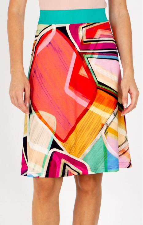 Fustă scurtă cloș cu imprimeu geometric &icirc;n culorile Fuchsia Red, Opal și Warm Apricot